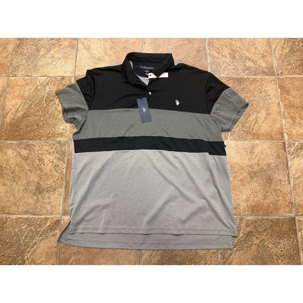 US Polo Assn Mens XXL Colorblock Performance Polo Shirt Black Grey Feel Dry NWT